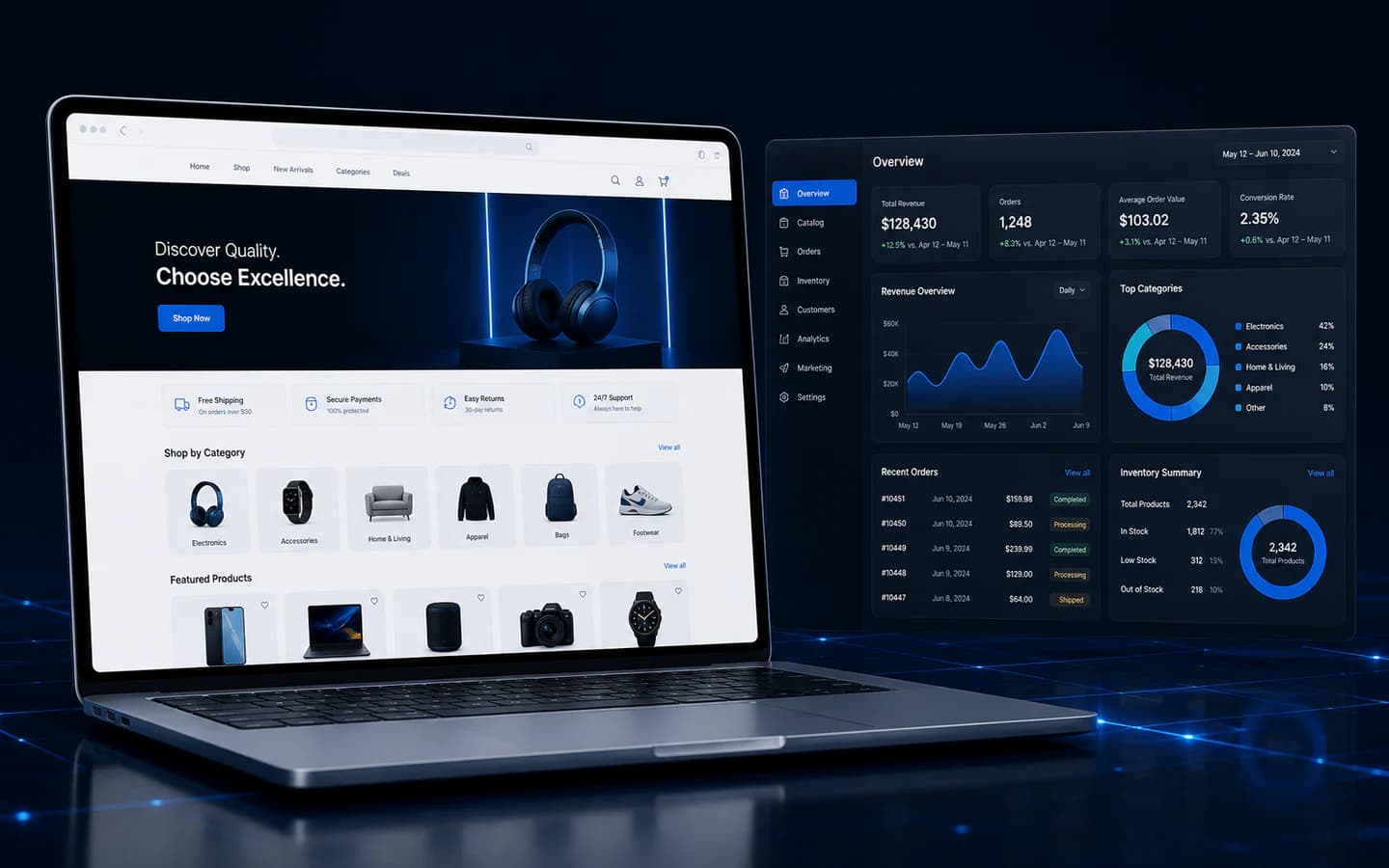  e-commerce storefront and administration dashboard shown on a laptop and analytics panel