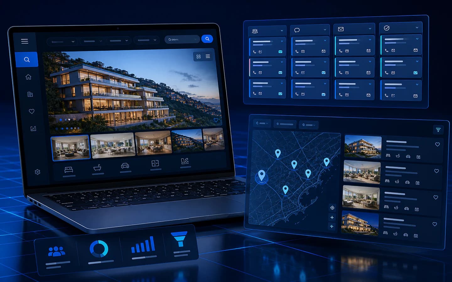  real-estate listing and lead-management platform shown across a laptop and dashboard panels